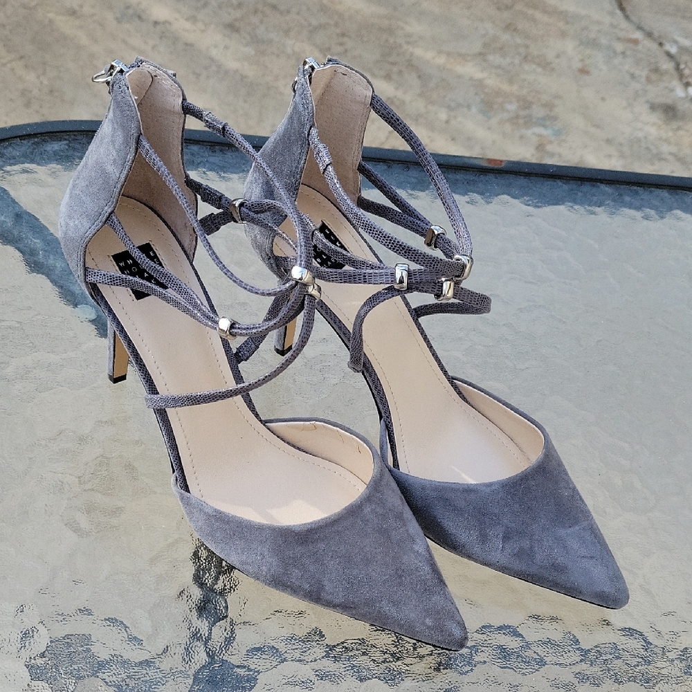 White House Black Market Gray Suede Strappy Pointed-Toe Heels